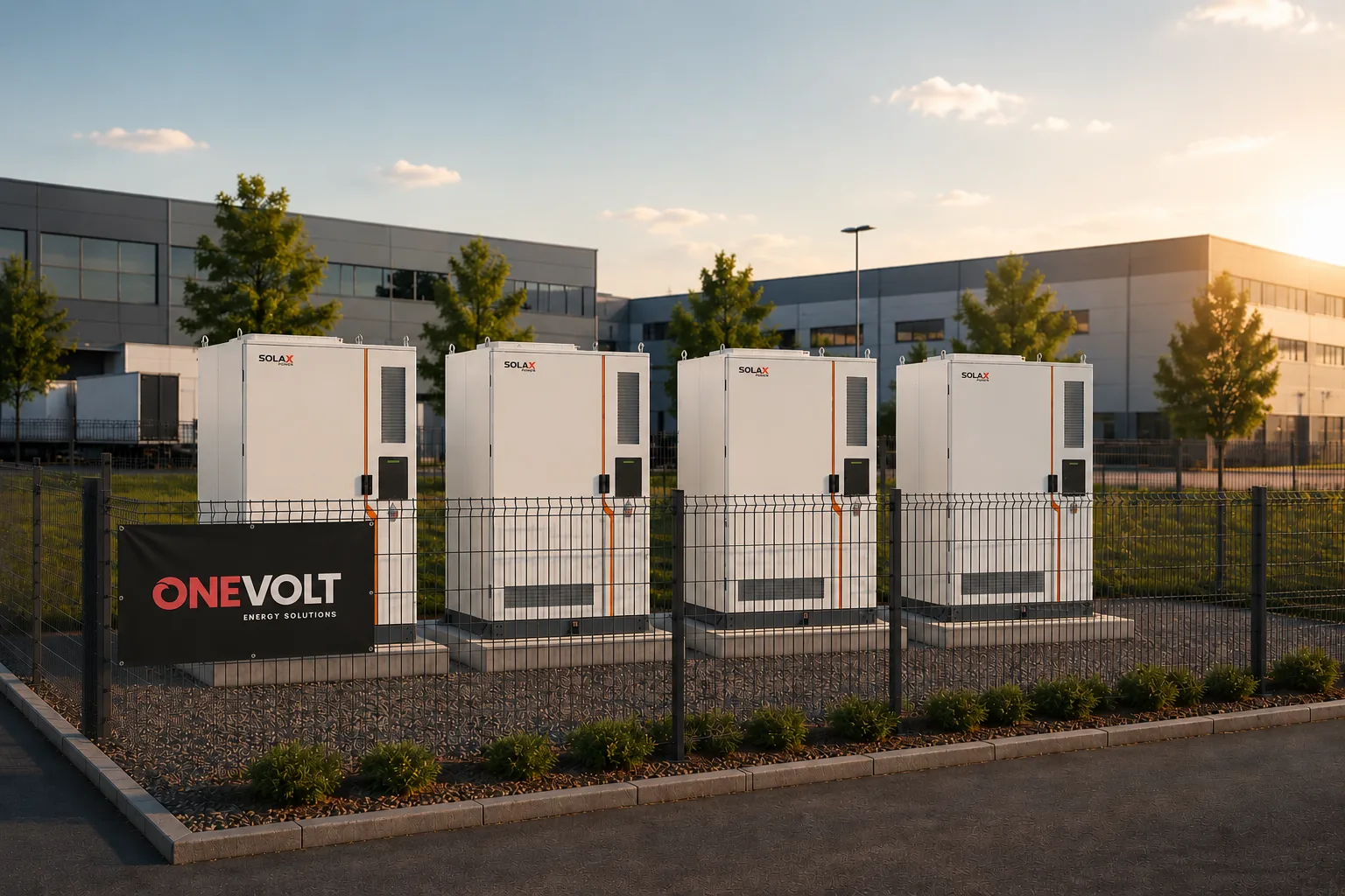 ONEVOLT Batteriespeicher-Container auf Gewerbefläche bei Sonnenuntergang in Deutschland